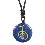 Loveliome Round Stone Lucky Coin Spiral Reiki Symbol Crystal Stone Pendant Necklace for Men and Women Adjustable 60-65CM, Lapis Lazuli, No Gemstone