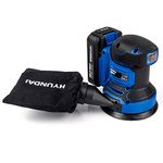 Hyundai 20v Max Cordless Rotary Sander - 2Ah Lithium-ion Battery - Brushed, 12x 125mm Sanding Pads, Dust Collector Bag - Soft Grip Handle - 6 Adjustable Speeds - 3 Year Warranty