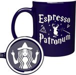 Engraved Ceramic Blue Coffee Mug - Espresso Patronum with Funny Bottom Design - 11 fl.oz - Inspirational and Sarcasm Mothers Fathers Day Gift Cup for Bonus Grand Mom Dad