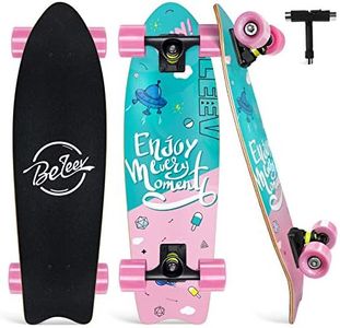 BELEEV Cruiser Skateboards for Beginners, 27 Inch Complete Skateboard for Kids Ages 3-12, Teens Adults, 7 Ply Canadian Maple Double Kick Deck Concave Trick Skateboard (Pink)