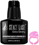 STACY LASH Extra Strong Eyelash Extension Glue (0.34fl.oz / 10ml) / 0.5-1 Sec Dry/Retention – 8 Weeks/Black Adhesive/Lash Tech Supplies + Glue Ring