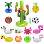 Halovin 12 Pack Inflatable Drink Holders + Inflatable Cactus Drink Holder Float Water Fun Toys + 6 Inflatable Ring Toss Game, Drink Floats Inflatable Cup Coasters for Kids Toys and Pool Party Game