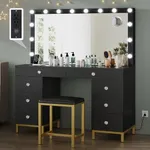 YITAHOME Vanity Desk with Mirror, Power Outlet and 14 Lights, Makeup Table with 8 Drawers, 3 Lighting Colors, for Bedroom and Dressing Areas, Black