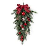 Fofetbfo 21.6 Inch Artificial Christmas Teardrop Swag, Faux Pine Swag with Red Berries, Pine Cones, Bow and Ball Ornaments, Teardrop Door Swag for Wall Window Xmas Decor