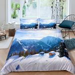 Snow Mountain Houses Duvet Cover Set Mountains Comforter Cover Pine Trees Natural Landscape Queen 90x90Inches Mondern Bedding Set Printed Quilt Cover with Zipper (1 Duvet Cover +2 Pillowcases)