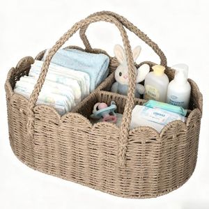 wwmayfeel Diaper Caddy Organizer, Paper Rope Storage Baskets Nursery Bin with Removable Divider, Portable Car Organizer for Diapers, Baby Shower Gifts, Newborn Essentials Must Haves (Beige)