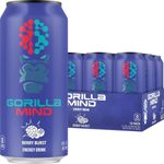 Gorilla Mind Energy Drink | Unmatched Energy · Amplified Focus | N-Acetyl-L-Tyrosine, Alpha-GPC, 200mg Caffeine, Uridine, Saffron | 0 Sugar Or Artificial Colors | 16oz, 12-Pack (Berry Burst)