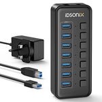 iDsonix Powered USB 3.0 Hub, 7-Port USB Splitter with Individual On/Off Switches and 12V/2A Power Adapter, USB Hub for Laptop, iMac, Surface Pro, PC, Mobile HDD, Flash Drive, and More - Black