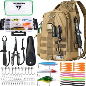 Ghosthorn Fishing Backpack with Tackle Boxes, Fish Pliers, Fish Lip Gripper, Lures, Waterproof Tackle Bag with Rod Holder, Fishing Gear Sling Bag Gift For Men Women Anglers (Khaki)