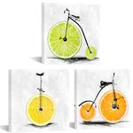 iKNOW FOTO 3 Pieces Kitchen Canvas Wall Art - Lemon Bike Bicycle Picture with Orange Fruit, Food Wall Painting, Stretched and Framed Giclee Art Print for Restaurant and Home Dining Room Each 12x12