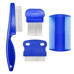 Qancekoo 4 Different Kinds of Flea Combs, Stainless Steel Round Teeth Dog Cat Lice Combs, Durable Fine Tooth Pet Tear Stain Remover Tool (Blue)