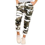 WearAll Women’s Camouflage Print Jogger Sweatpants Ribbed Waistband Trousers Ladies Causal Summer Joggers Drawstring Italian Gym Running Pants White 12-14