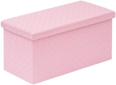 B FSOBEIIALEO Folding Storage Ottoman, Faux Leather Footrest Seat Long Bench Toy Box Chest for Girls, Pink 30"x15"x15"