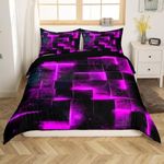 Erosebridal 3D Geometric Bedding Sets King Abstract Aesthetic Comforter Cover, Black and Purple Bed Set Glowing Futuristic Cubes King Duvet Cover, Neon Grid Quilt Cover 3-Piece (Black Reversible)