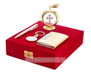 INTERNATIONAL GIFT® Golden Ball Pen with Visiting Card Holder with Key Ring and Apple Shape Jesus Christ God Idol Car Dashboard and Home Temple with Velvet Box