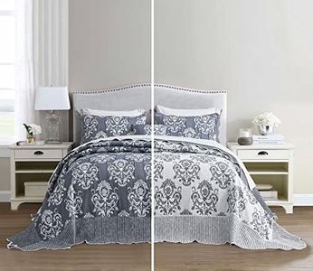 HZ & HY Oversized King Bedspread 128x120 Extra Wide, Jacquard Matelasse Damask Pattern Design, Lightweight, Reversible, 5 Piece, 100% Microfiber, Dark Blue