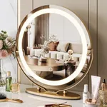 19 Inch Large Round Vanity Mirror with Lights, Round Led Makeup Mirror, Lighted Up Makeup Mirror with Lights for Bedroom Tabletop, Smart Touch Control 3 Colors Dimmable, 360°Rotation (Gold)