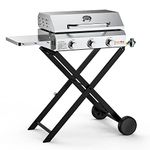 Onlyfire BBQ Gas Grill Griddle 3 Burners with Side Table & Foldable Cart, Stainless Steel Flat Top Propane Gas Griddle with lid for Outdoor Kitchen, Backyard, Camping, 3.5FT Hose with Regulator