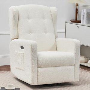 Ketaiyou Power Swivel Rocking Recliner Chair, Electric Rocker Nursery Glider Chair, USB and Type-C Ports, Upholstered Teddy Fabric Reclining Single Sofa Chair for Living Room (Teddy Beige)
