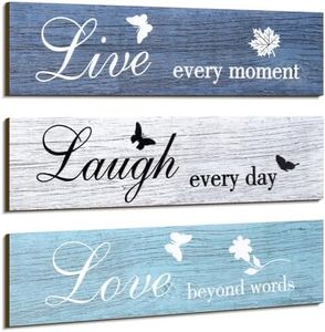 3 Pieces Rustic Wood Sign Wall Decor Live Love and Laugh Quote Sign Farmhouse Wall Mount Decoration for Home Office Wedding Kitchen and Living Room, 12 x 3 x 0.2 Inch (Blue Series)