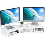 TEAMIX White Dual Monitor Stand Riser with Drawer - Length and Angle Adjustable Double Monitor Riser Corner Desk Shelf Organizer 37 inch Long Monitor Riser for 2 Monitors/Laptop/PC/Screen/TV