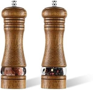 2-Piece Salt and Pepper Grinder Set, 6.5 Inch Wooden Salt and Pepper Mills with Adjustable Coarseness, Refillable Manual Pepper Mill Grinder for Home Cooks (Brown)