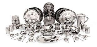 JSI® Stainless Steel Heavy Dinner Set of 61 Pieces with Royal Glass, Silver - Heavy Guage with Permanent Silver Touch Design- Add Grace to Your Kitchen and Dining I Dishwasher Safe I Freezer Safe