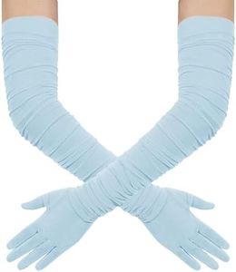 Hazhlko Women's Super Long Stretchy Ruched Mesh Tulle Sheer Gloves Costume Opera Party 1920's Dance Gloves Light Blue