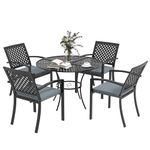 Outsunny 5-Piece Outdoor Dining Set with 4 Stackable Cushioned Armchairs, Patio Furniture Sets with Umbrella Hole Metal Plate Table, for Garden Deck Poolside Lawn Yard, Grey