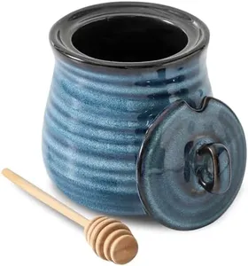 Tikooere Ceramic 12 Ounce Honey Jar and Dipper Set,Porcelain Honey Pot with Lid and Wooden Dipper,Cute Honey Containers for Party,Holiday,Halloween Favors,Farmhouse Kitchen Decor,Dishwasher Safe,Blue