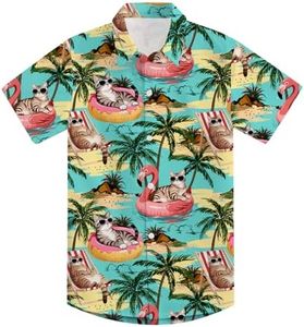 uideazone Boys 5-6 Years Aloha Neon Shirt Funny Cat Surfing Tropical Short Sleeve Shirts for Kids Size 5-6Y Button Up Casual Beach Vacation Shirt