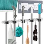 CHARMOUNT Mop and Broom Holder Wall Mount (5 Grippers 4 Hooks, 2 Self Adhesives) Stainless Steel Mop Hanger Wall Mount for Laundry Room/Closet/Basement/Tool/Garage Organizer and Storage