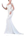 CY Lace Satin Bride Dress Vintage Mermaid Wedding Dress Scoop Neck Full Sleeves Wedding Gowns White