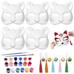 PATPAT® 5pcs Cat Mask, Blank DIY Halloween White Graffiti Cat Masks Graffiti Masquerade Mask Halloween DIY Face Mask with Acrylic Paints, Brush Pens, Tassle Charms & Sakura Bell Charms