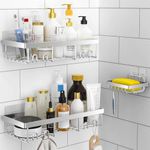 MOFOROCO 3-Pack Shower Caddy Basket Shelf with Soap Holder, No Drilling Traceless Adhesive Shower Wall Shelves, Rustproof Silver Bathroom Shower Storage Organizer
