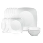 Corelle Vitrelle 18-Piece Service for 6 Square Dinnerware Set Triple Layer Glass and Chip Resistant, Lightweight Square Plates and Bowls Set, Pure White