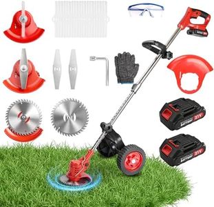 Linotltie 21V Electric Weed Wacker, Cordless Grass Trimmer, 3 in 1 Grass Trimmer with 2*2000mAh Batteries & Charger, Battery Powered Weed Eater/Brush Cutter/Edger with Wheels for Garden and Yard Lawn