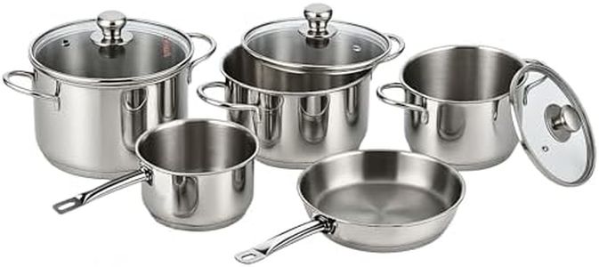 Vinod Stainless Steel Induction Friendly Tuscany Combo Set 5 Pieces - Saucepan (14 cm/1.3 Litre), 3 Cassseroles (14 cm,16 cm & 18 cm / 1.3, 2 & 2.8 litres), Frypan (18 cm) and 3 Glass Lids