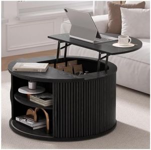 JOINICE 31.5" Black Round Lift Top Coffee Table, Modern Fluted Drum Center Table with Hidden Storage, Minimalist Circle Wood Desk for Living Room & Small Apartment
