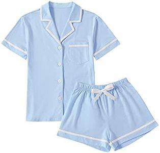 LYANER Women's Cotton Pajamas Set Button Short Sleeve Shirt with Shorts Set PJs Loungewear, Blue, Small