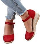 Women's Platform Espadrilles Casual Ankle Strap Wedge Sandals, Comfortable Dressy Summer Shoes,Ripple Sandals Platform Wedge Sandals Fashion Versatile Braided Buckle Breathable Wedge Sandals (Red, 7)