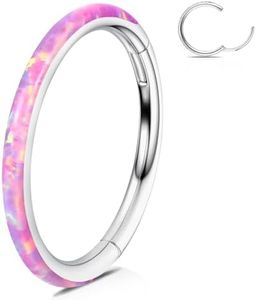 WBRWP 316L Stainless-Steel Hinged Nose-Rings-Hoop : 20G(0.8mm) Womens Body Pierecing Ring with Pink Opal Segment Ring Lip Rings Helix Cartilage Rook Earrings 10mm Diameter Bright Silver Color