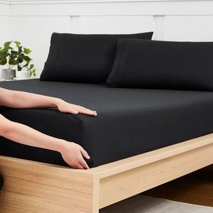 King Size Fitted Sheet Only with Full Elastic & Built in Corner Sheet Straps to Prevent Shifting - Soft & Breathable Brushed Microfiber Bottom Sheet, King, Black