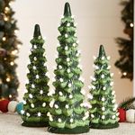Best Choice Products Set of 3 Ceramic Christmas Trees, Pre-Lit Hand-Painted Tabletop Holiday Decoration w/Warm White Decorative Bulbs, Battery-Operated LED Lights – Green