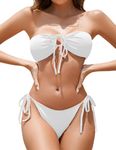 Women Bandeau Bikini Sets Ribbed Strapless Two Piece Swimsuit Tie Side Cheeky Bathing Suits, White, XL