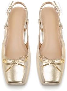 Lhamo Latso Gold Ballet Flats 1 Inch Low Block Heel Ballerina Flat Comfortable Bow Dressy Flats Shoes for Women Satin 7.5