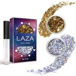 Laza Body Glitter, 2 Jars Holographic Chunky Sequins with Glitter Glue Perfect for Women Eyeshadow Makeup Face Paint Festival Rave outfits Hair Accessories Carnival Party Costumes - Bright Gold Silver