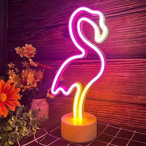 BerniceKelly Flamingo Light Neon Sign, Pink Flamingo Gifts for Women, USB or Battery Operated Pink Flamingo Neon Signs for Bedroom Birthday Wedding Party Girls Room Decor (White+Pink+Yellow)