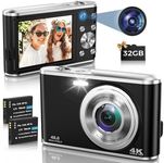 Digital Camera, 4K Autofocus Digital Camera with 32G SD Card Front and Rear Dual Cameras, HD 48MP with 2.8" Large Screen, 16X Digital Zoom, Rechargeable Compact Camera for Beginners (Black)