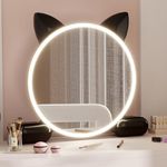 LVSOMT Cute Vanity Makeup Mirror with Lights, Kitty Cat LED Mirror, Large Desk Mirror with 2 Drawers, Round Circle Make Up Mirror for Tabletop Desktop, Birthday Gift Idea (Black 20" x 18")